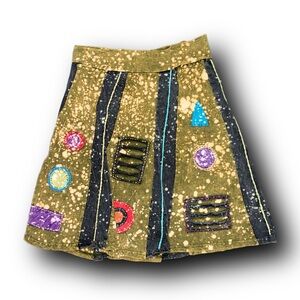 KPC Boho Olive Green Skirt with Geometric Patterns Hippie Folk Art Vibes